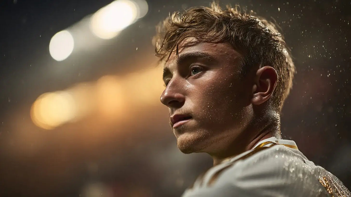Dean Huijsen in Real Madrid kit, rain-speckled close-up beneath bright floodlights.