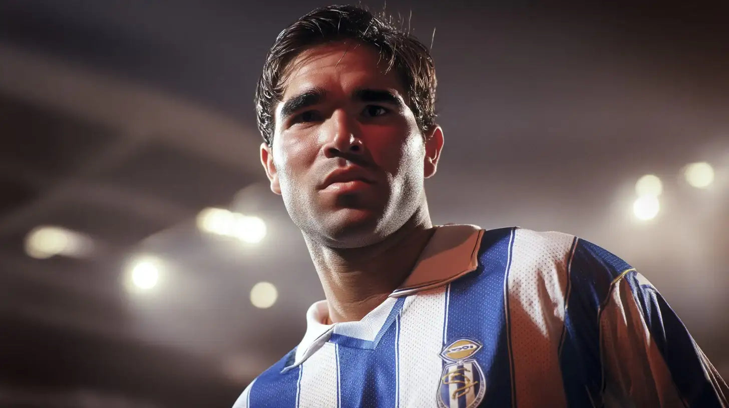 Deco wearing a Porto 2004 blue and white striped football shirt with a white collar and gold trim, portrait under bright stadium floodlights.