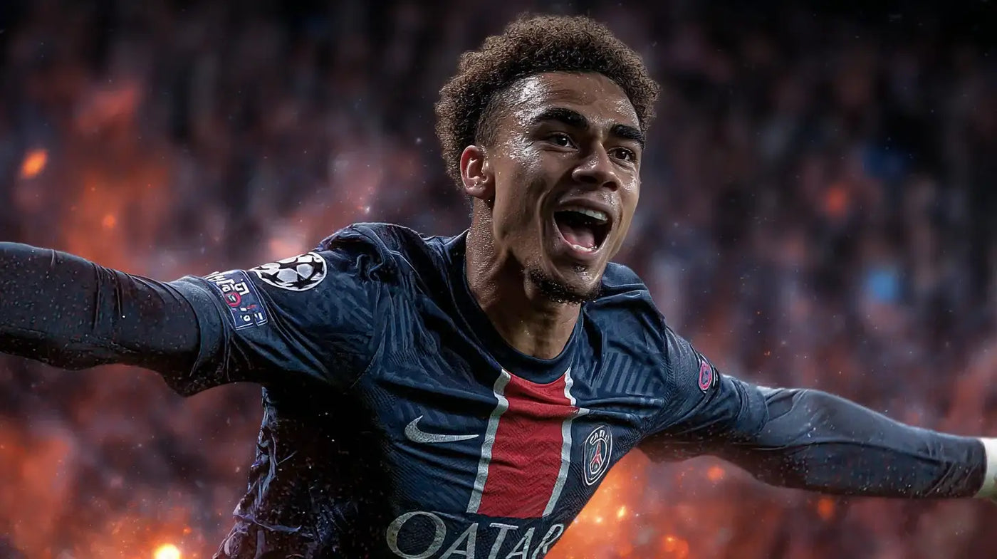 Désiré Doué spreads his arms in celebration in Paris Saint-Germain’s dark navy football shirt with a red central stripe, Champions League sleeve patch, and a glowing crowd behind.