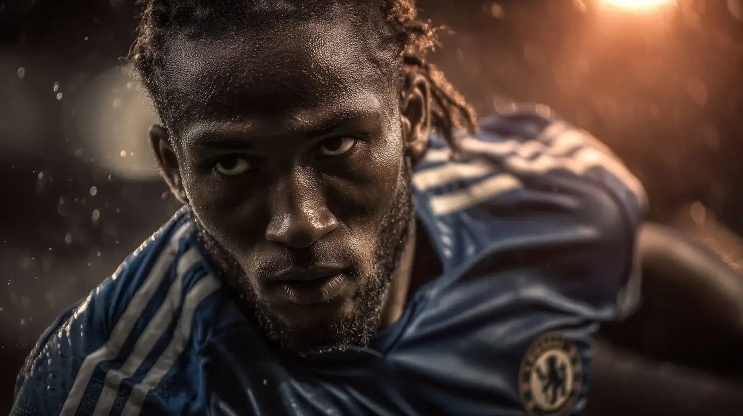 Didier Drogba in Chelsea blue shirt roaring in celebration in front of a packed stadium.