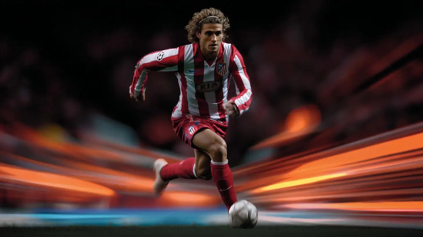 Diego Forlán sprints with the ball in Atlético Madrid’s red-and-white striped football shirt, long hair flowing, with dramatic motion trails in a dark stadium.