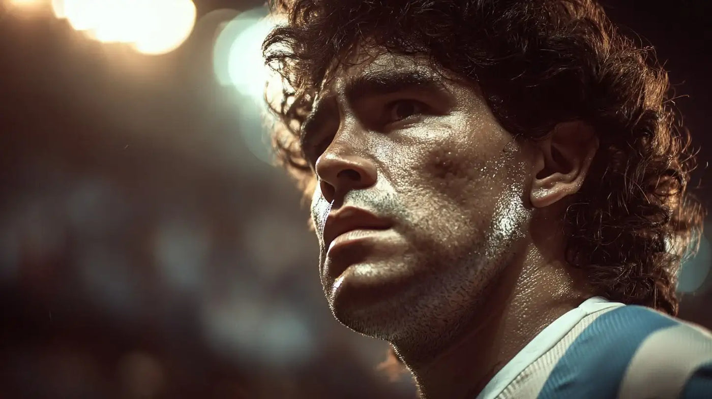 Diego Maradona in Argentina’s 1986 blue and white kit dribbling at pace during an international football match.