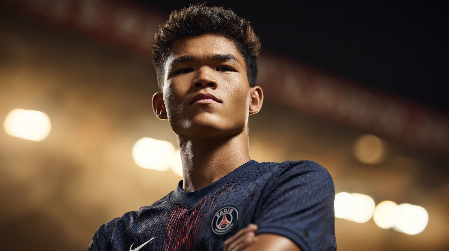 Dro Fernandez in Paris Saint-Germain navy kit, arms crossed portrait under stadium lights.