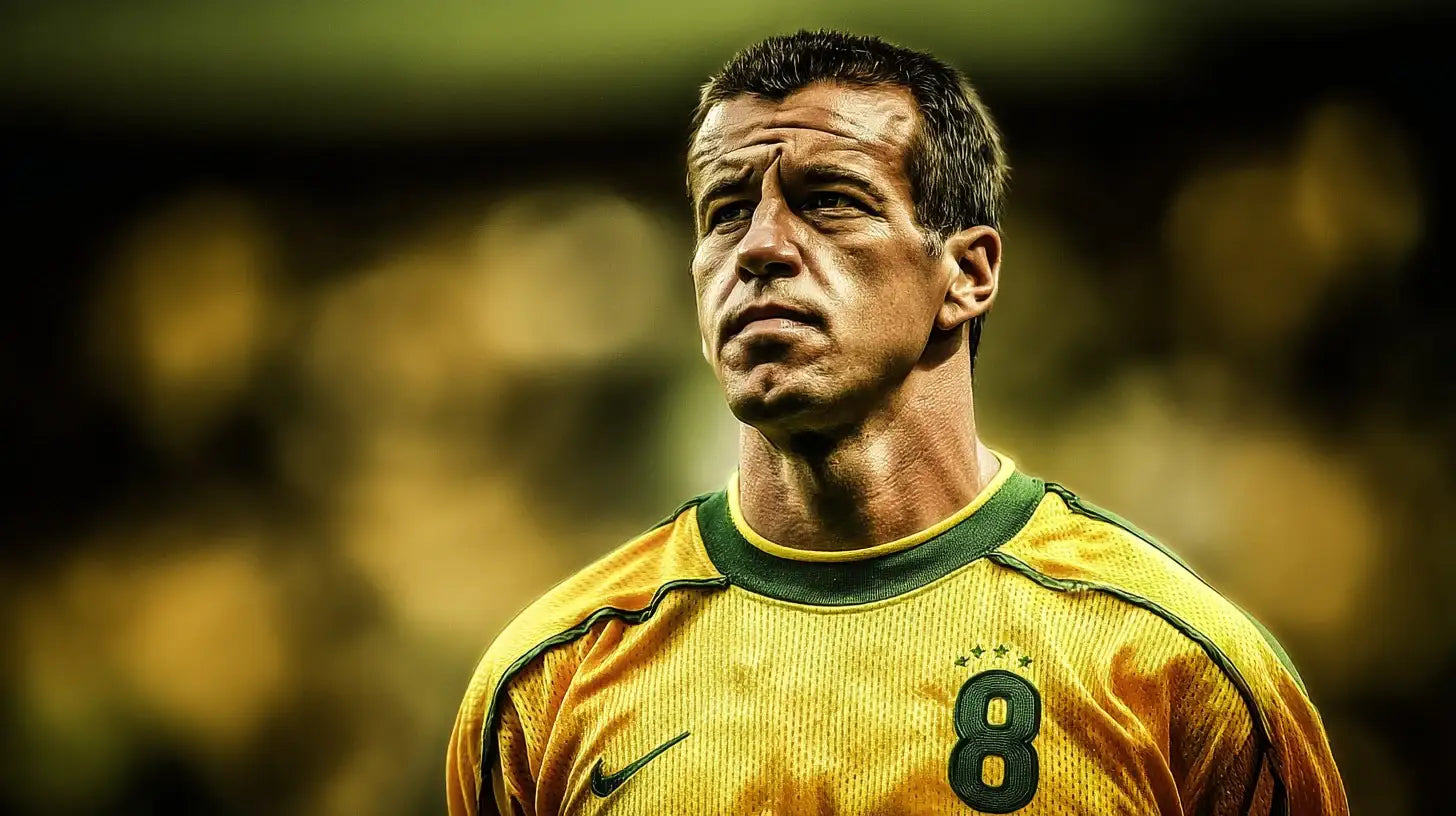 Dunga in Brazil 1994 yellow home football shirt with green collar and number 8, looking focused under stadium lights.