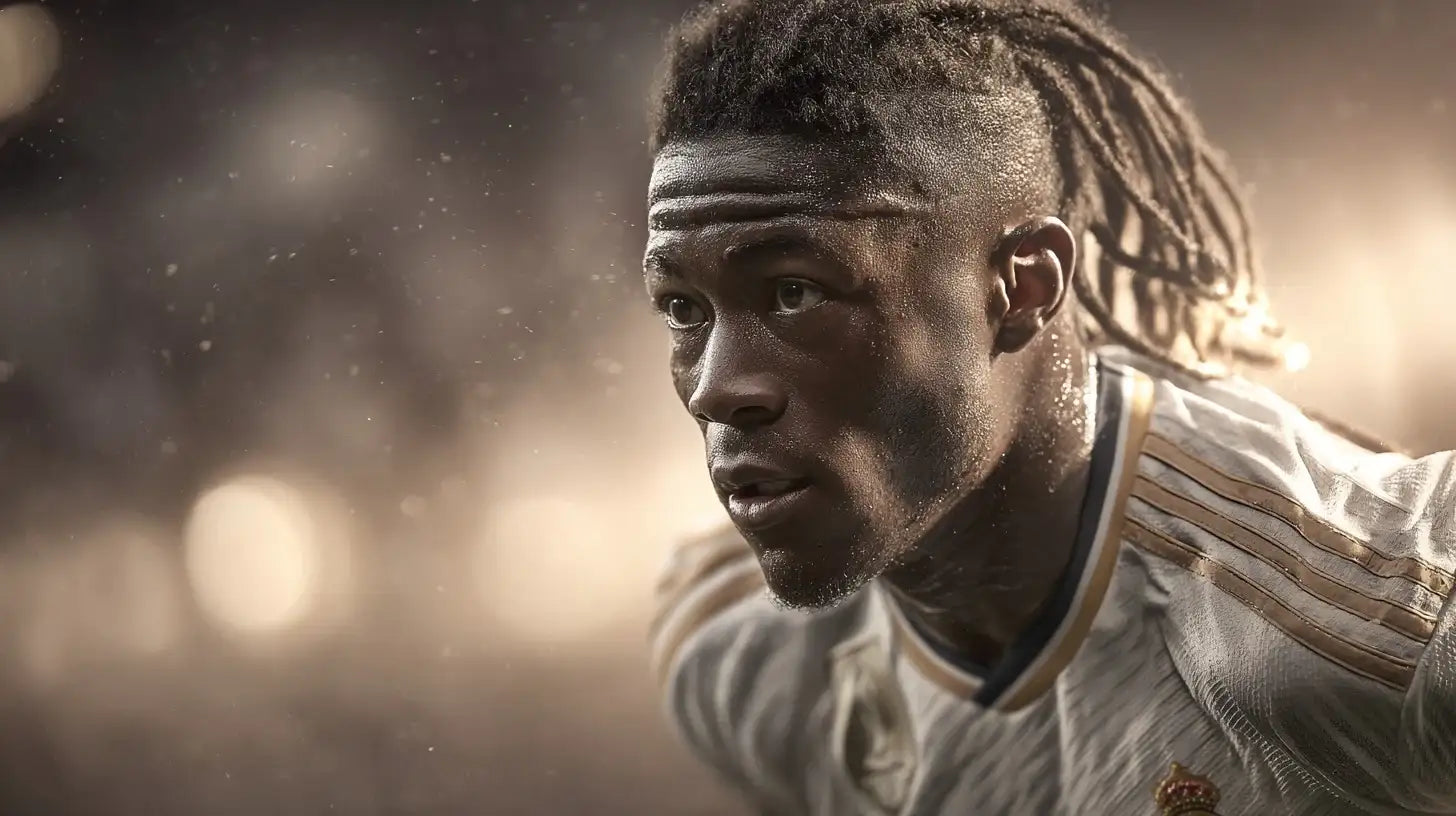 Eduardo Camavinga in Real Madrid’s white football shirt with gold trim, intense close-up during play, braided hair and sweat visible in warm backlight and drifting dust.