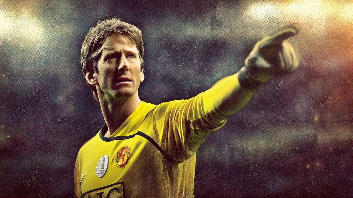 Edwin van der Sar as goalkeeper pointing and organizing the defense in a yellow Manchester United kit.