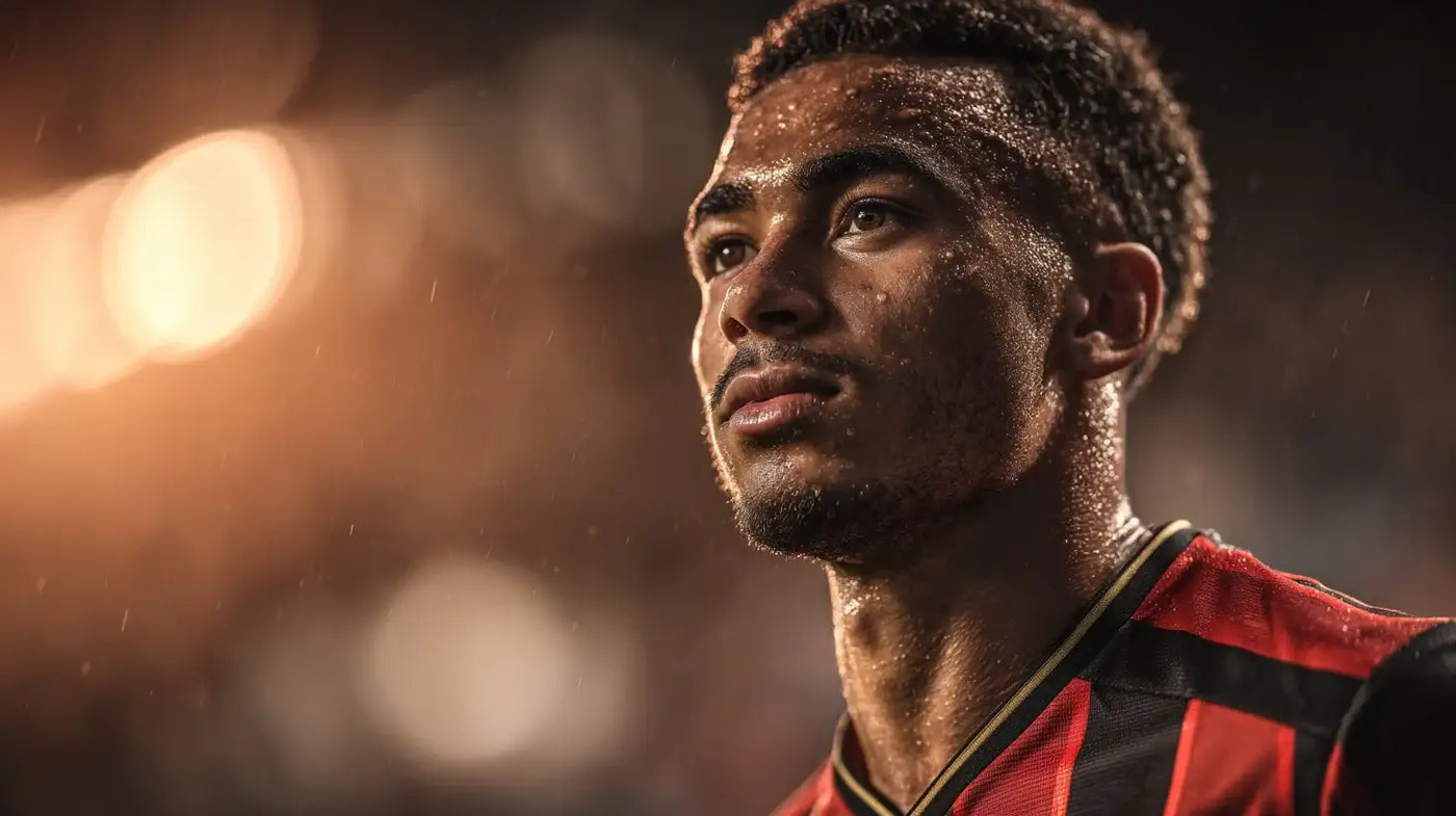 Eli Junior Kroupi in AFC Bournemouth home football shirt, rain-soaked close-up under warm stadium lights.