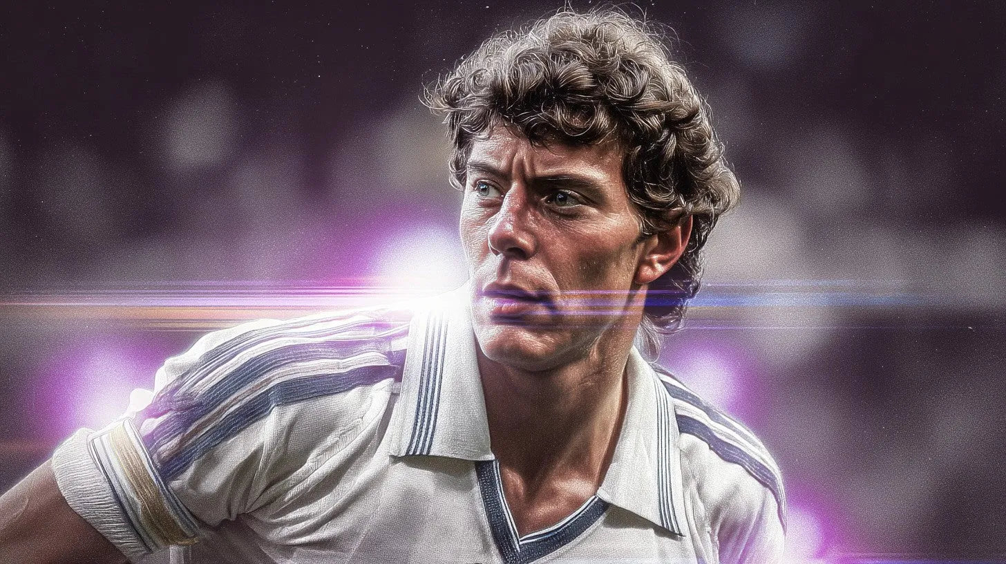 Emilio Butragueno in a white Real Madrid football shirt with blue shoulder stripes and white collar, lens flare across a blurred stadium.