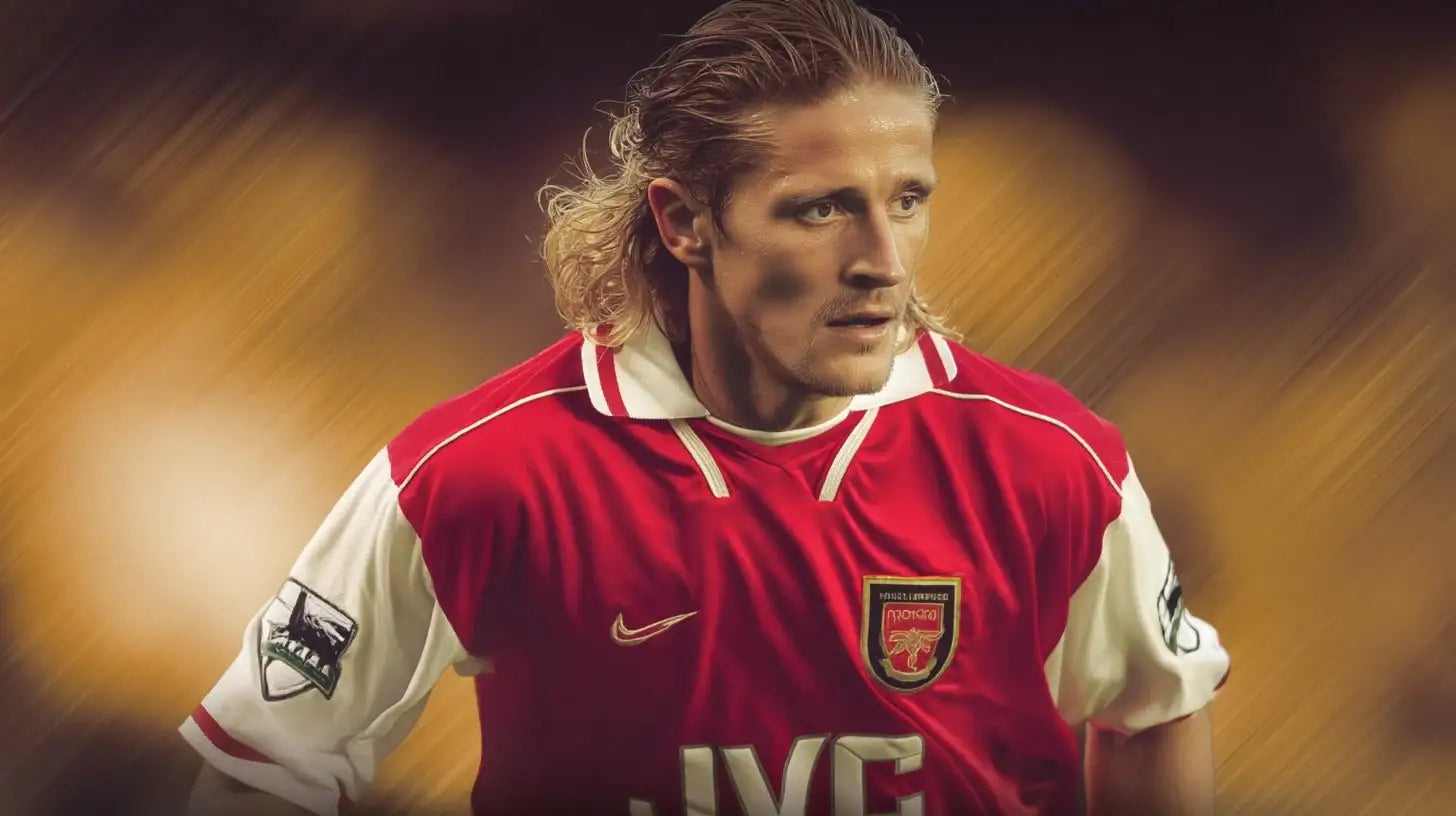 Emmanuel Petit in a red Arsenal JVC home shirt, leaning forward in concentration with his long blond hair flowing against a soft golden background.