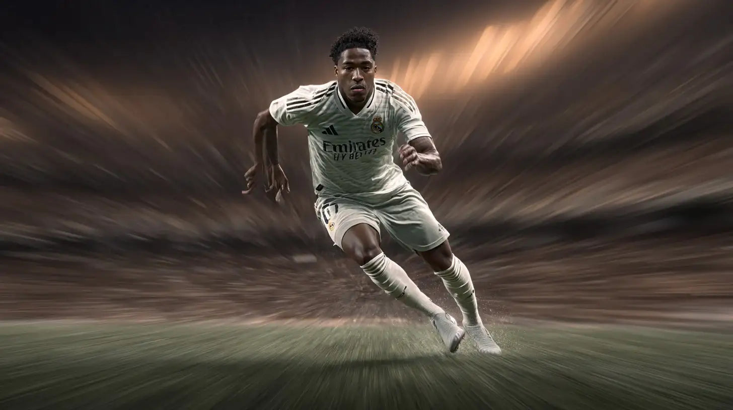 Endrick sprinting in Real Madrid white football shirt on a blurred pitch, determined expression.