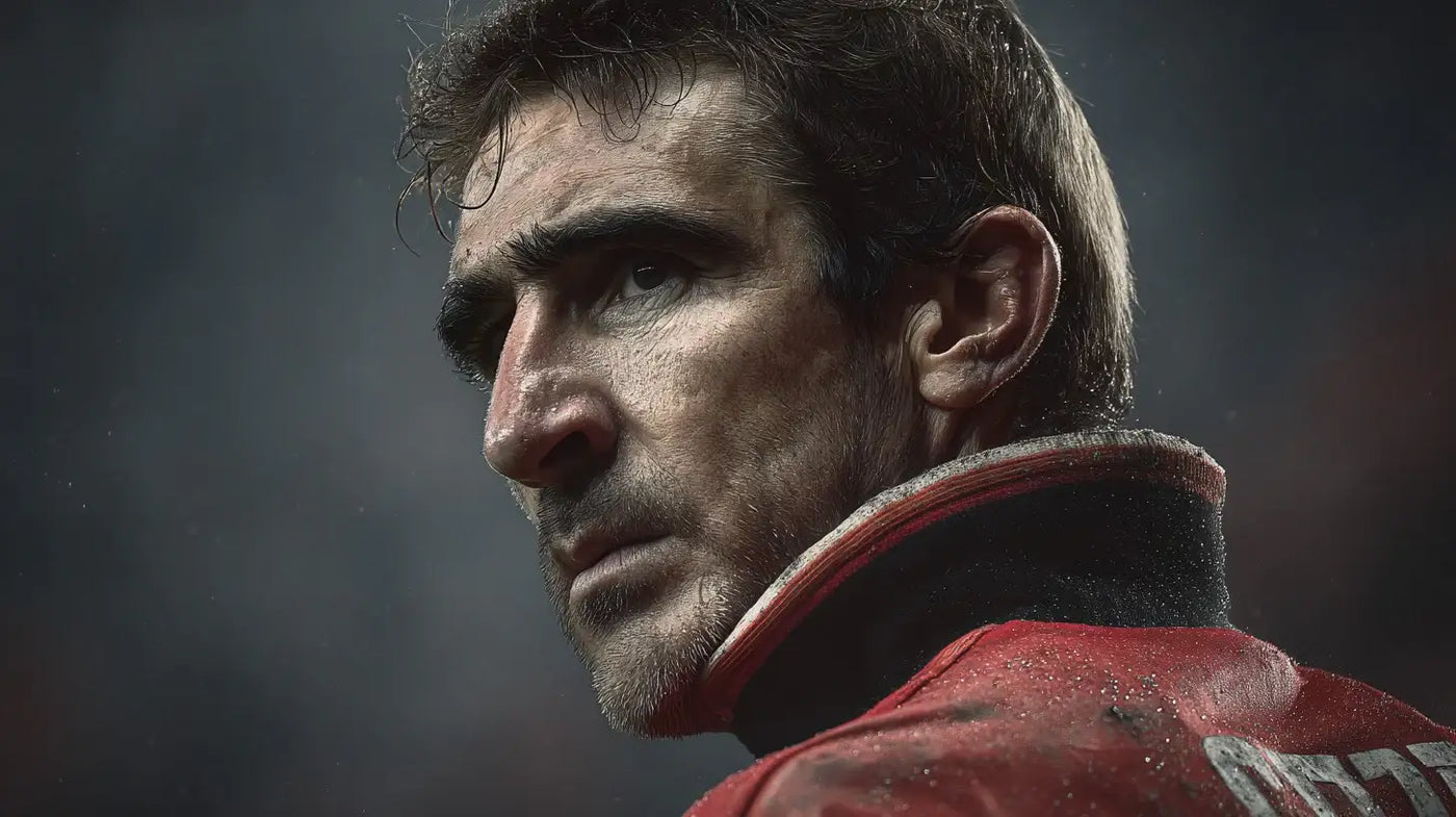 Eric Cantona in Manchester United home shirt with upturned collar staring intensely across the pitch.