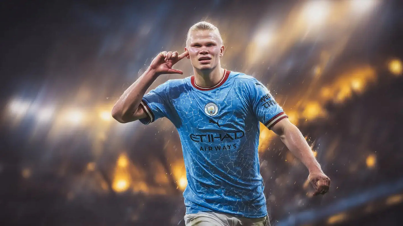 Erling Haaland in Manchester City sky blue kit celebrating a goal with fans in the background.