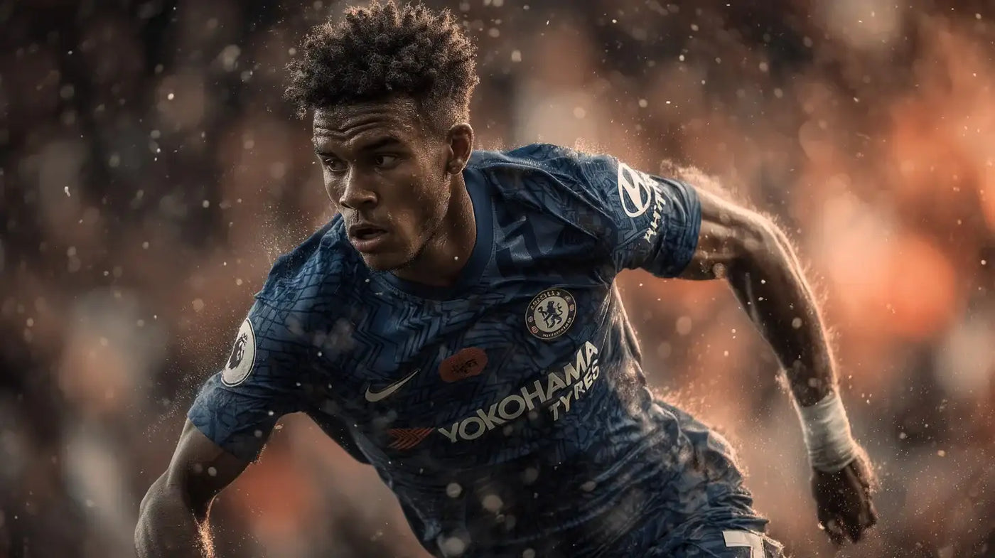 Estevão in Chelsea blue home kit sprinting forward, symbolising his high-profile move to the club.