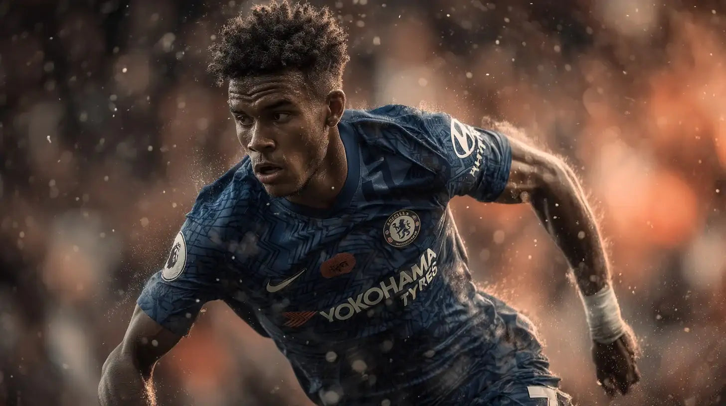 Estevão in Chelsea blue home kit sprinting forward, symbolising his high-profile move to the club.