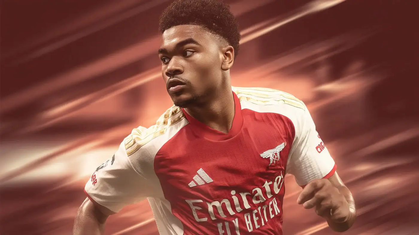 Ethan Nwaneri in Arsenal red football shirt, focused mid-run against a warm motion-blur background.