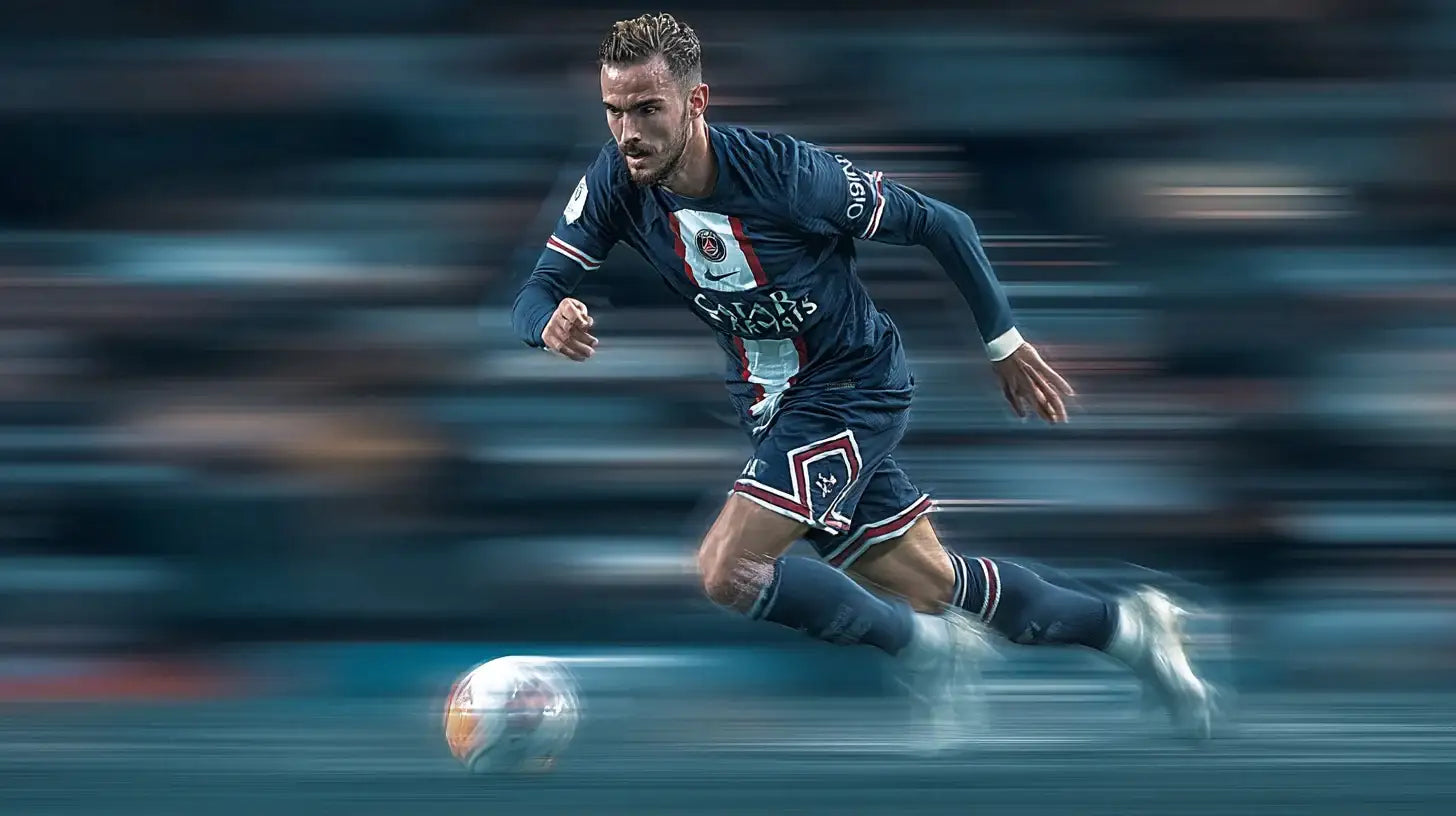 Fabián Ruiz driving forward in Paris Saint-Germain navy football shirt, motion blur with the match ball.