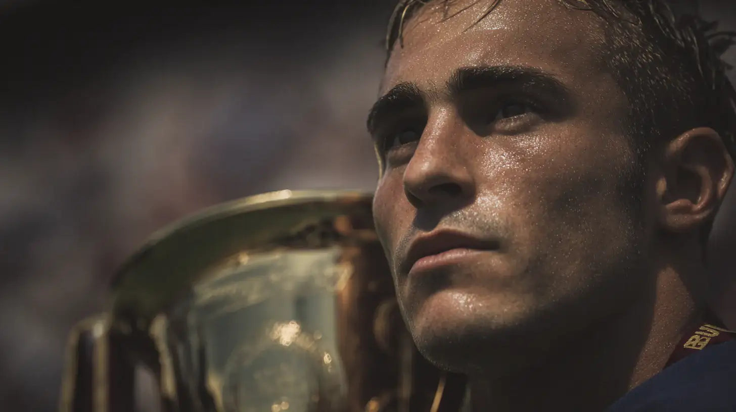 Fabio Cannavaro lifting a golden trophy, close-up of Italy jersey details under stadium lights.