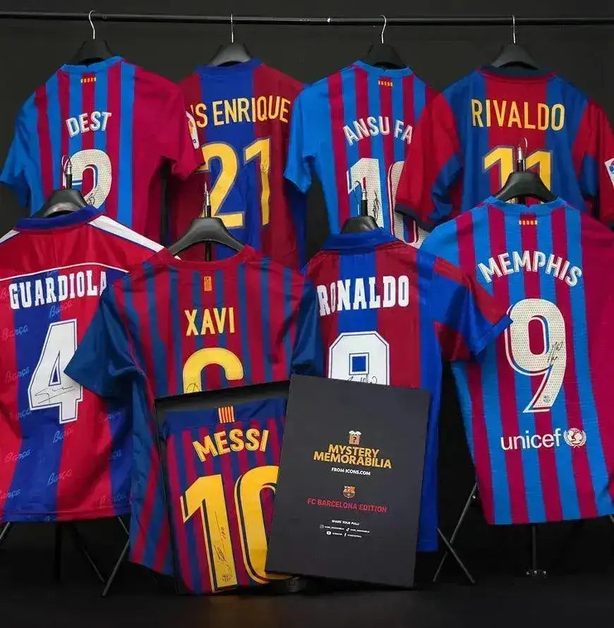 Back view showing signed FC Barcelona soccer jerseys of various players including Messi, Xavi, and Ansu Fati.