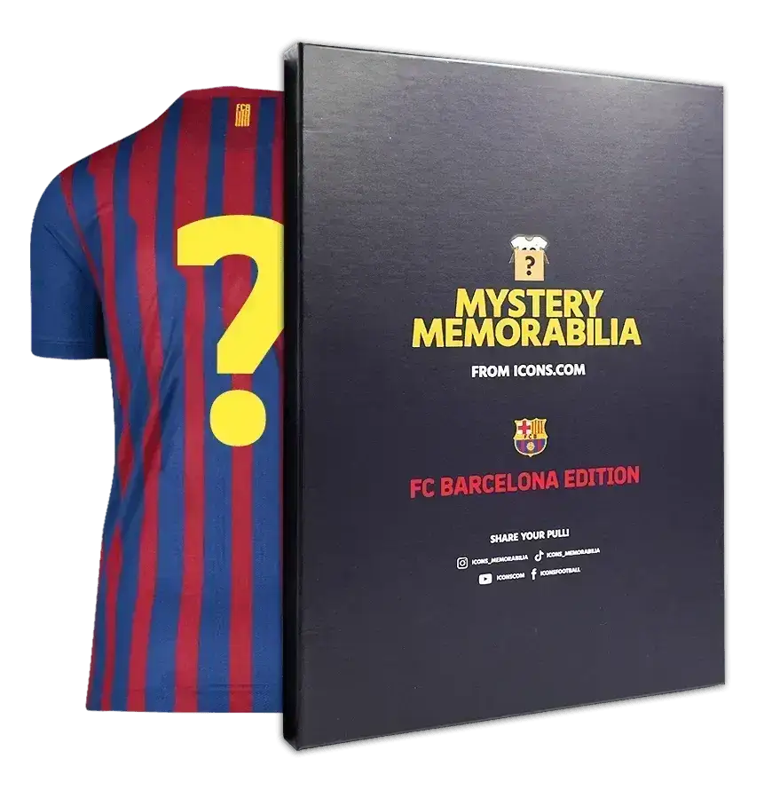 Mystery Memorabilia box showing FC Barcelona soccer jersey with a ? mark on the front.