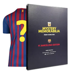 Mystery Memorabilia box showing FC Barcelona soccer jersey with a ? mark on the front.