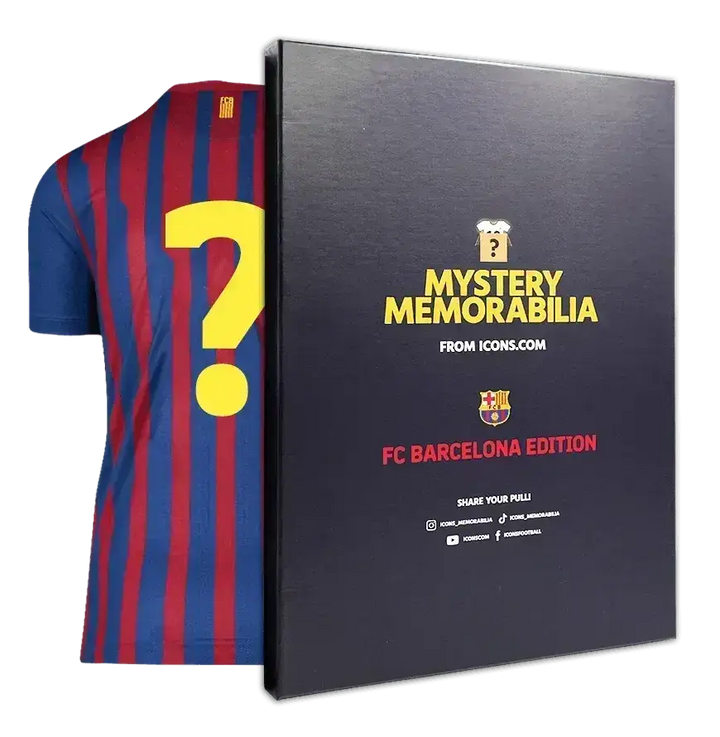 Mystery Memorabilia box showing FC Barcelona soccer jersey with a ? mark on the front.