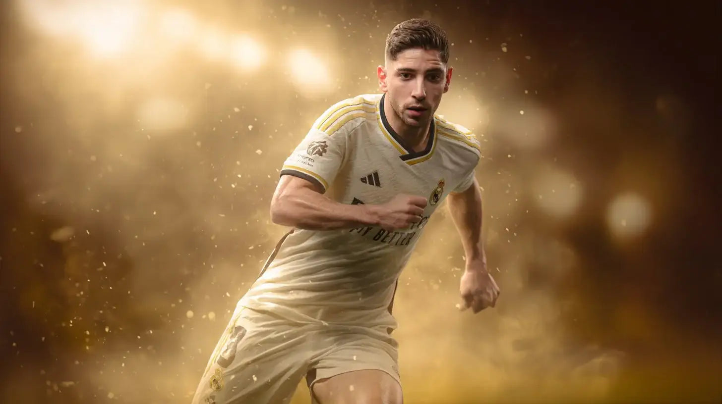 Federico Valverde running in Real Madrid light football shirt, golden stadium haze behind.