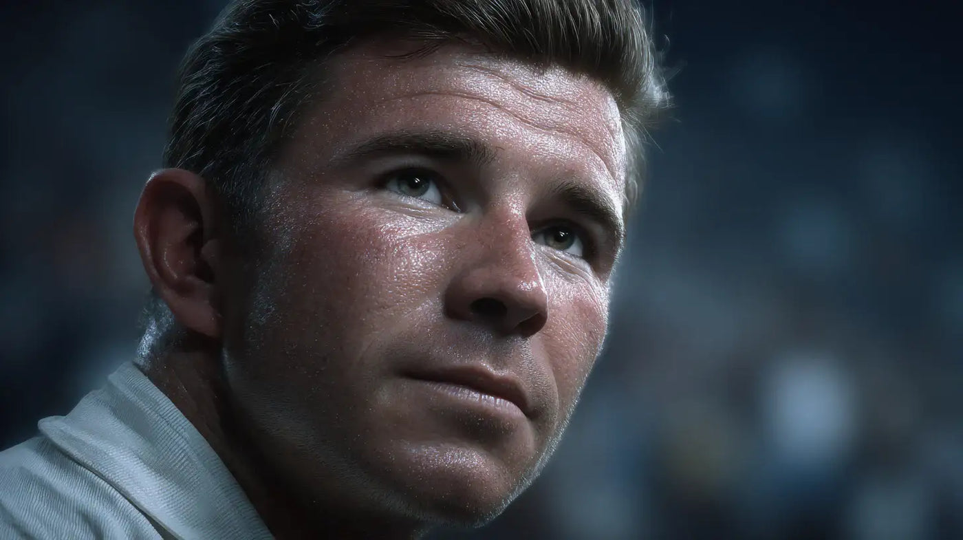 Ferenc Puskás in classic Real Madrid football shirt, vintage portrait look, determined gaze with visible perspiration, crowd bokeh in the background.