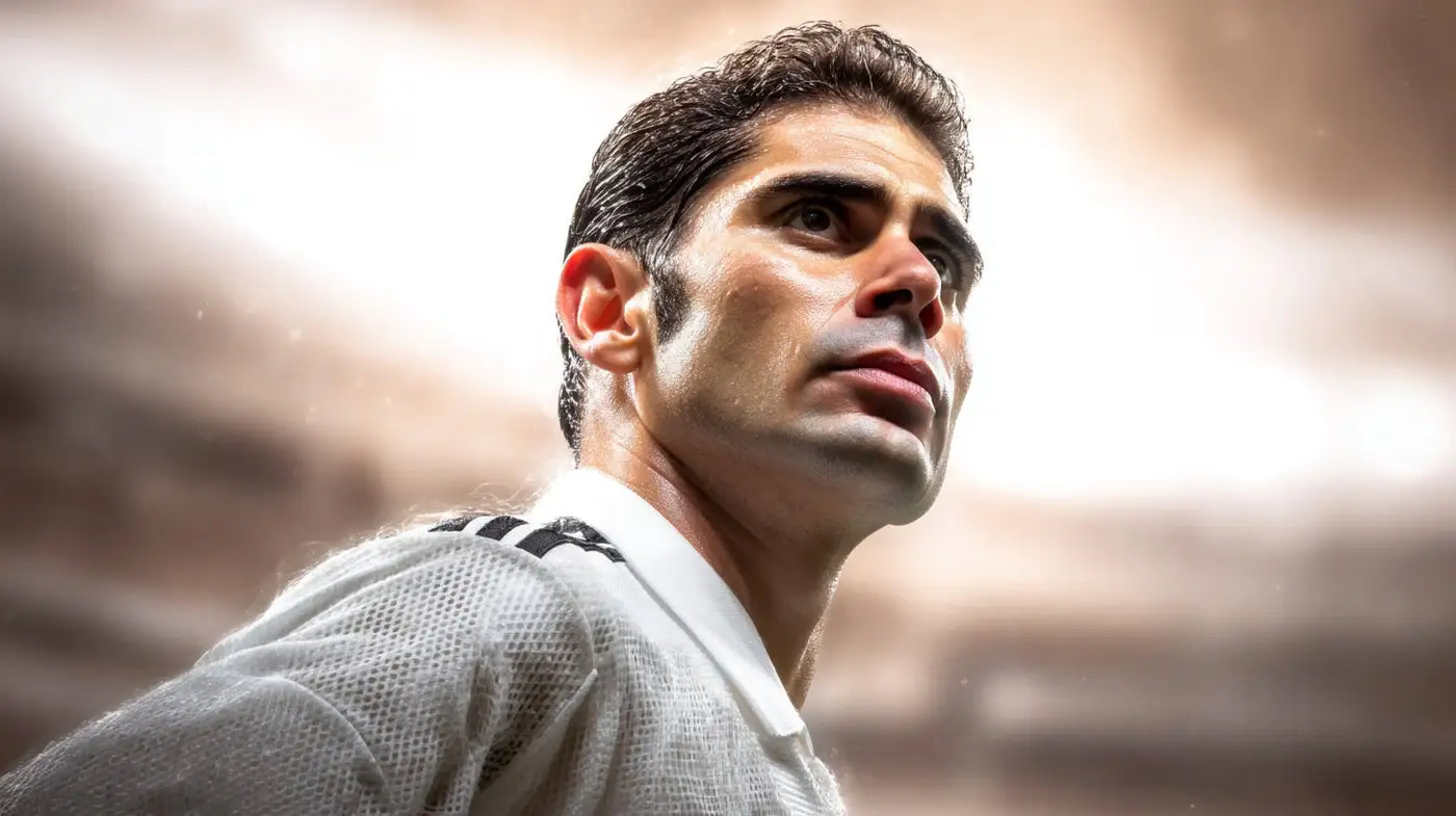 Fernando Hierro wearing a Real Madrid white football shirt with a white collar, portrait with stadium lights glowing in the background.