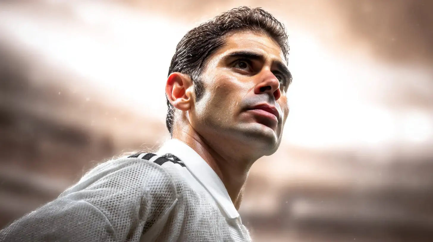 Fernando Hierro wearing a Real Madrid white football shirt with a white collar, portrait with stadium lights glowing in the background.