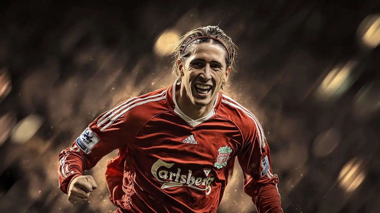 Fernando Torres in a red Liverpool home shirt with Carlsberg sponsor runs forward smiling, celebrating in front of blurred stadium lights.