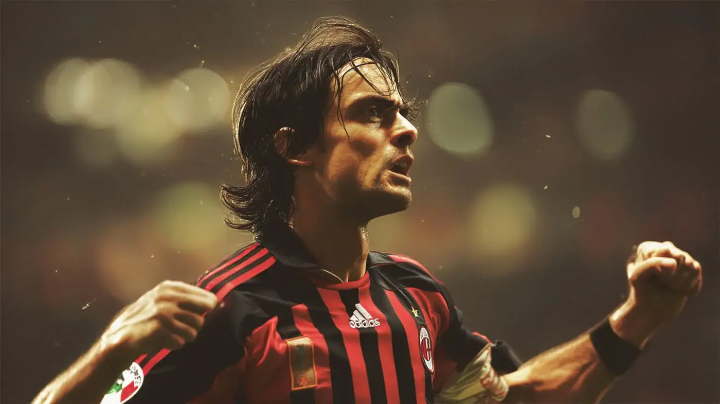 Filippo Inzaghi celebrating in an AC Milan red and black striped football shirt with a black collar and red shoulder stripes, stadium lights blurred behind.