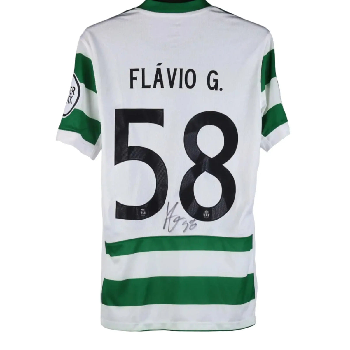Back view of a white Sporting CP football jersey with green stripes, featuring the name 'FLÁVIO G.' and number '58' in black, hanging on a black hanger against a gray background.