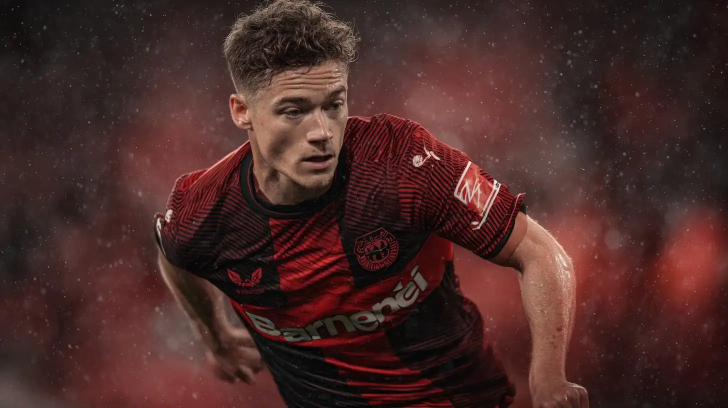 Florian Wirtz in Bayer Leverkusen red and black football shirt, rain-specked action close-up.