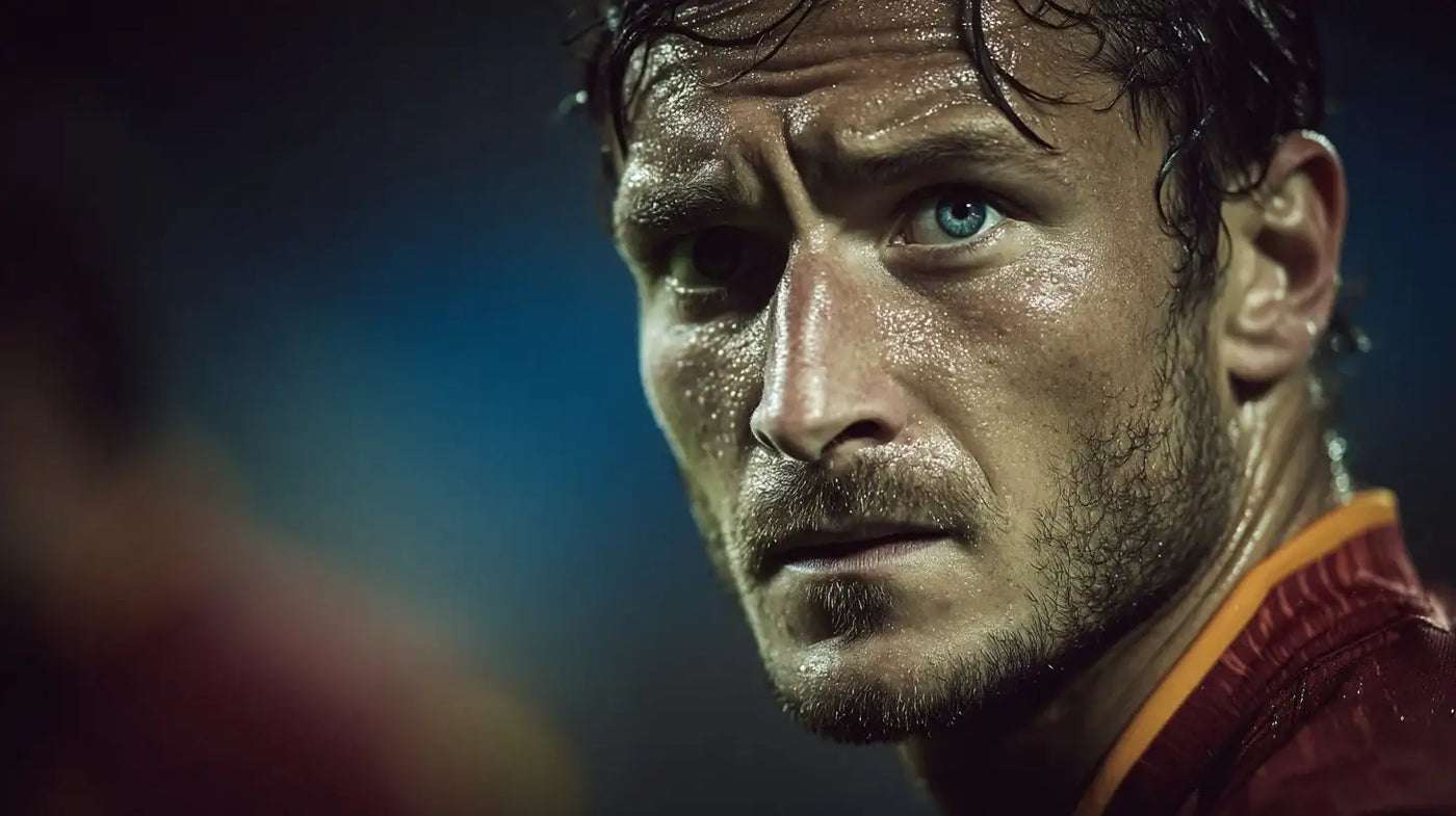 Francesco Totti in AS Roma home kit looking determined under warm stadium lights.