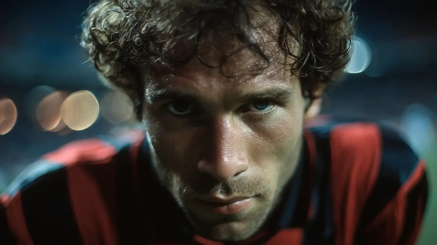 Franco Baresi in classic AC Milan red and black stripes watching the play with focused expression.