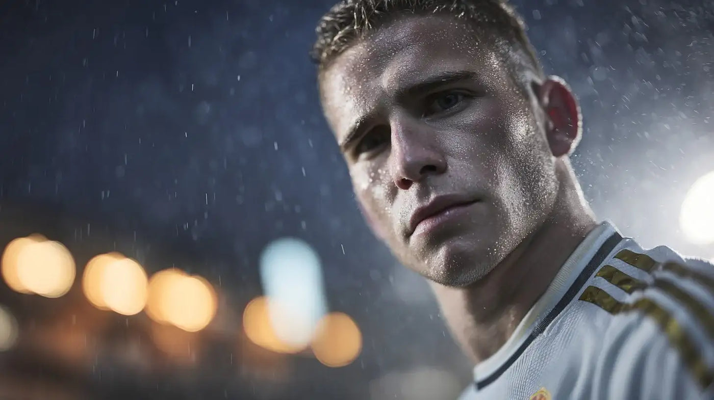 Close-up of Franco Mastantuono under stadium rain wearing a Real Madrid white football shirt, intense focus with water droplets and night lights.