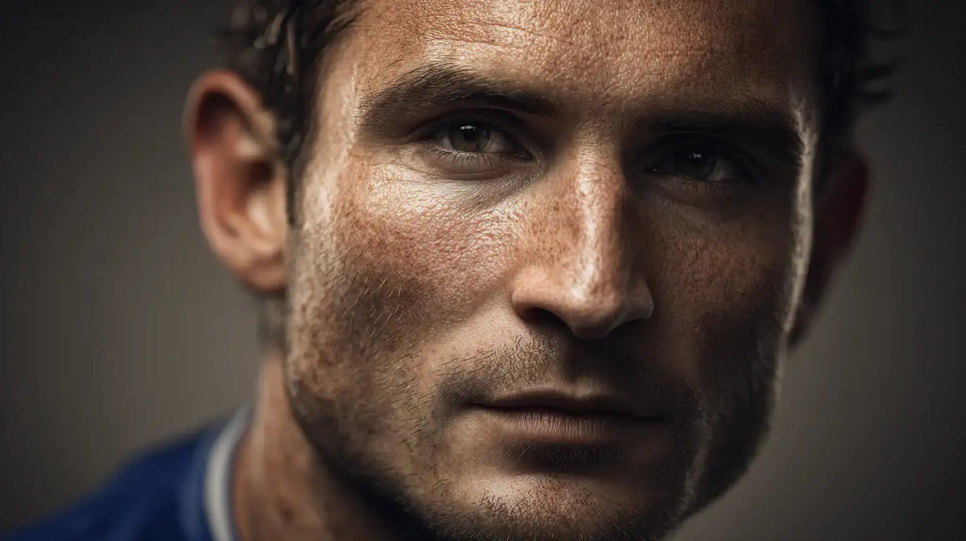 Frank Lampard wearing Chelsea blue football shirt, extreme close-up showing freckles and stubble, neutral studio background, composed and ready for play.