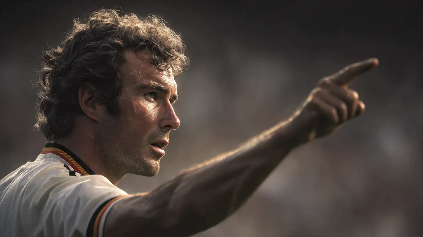 Franz Beckenbauer in Germany national team football shirt, side profile while pointing to direct teammates, sunlit touchline and shallow depth of field.