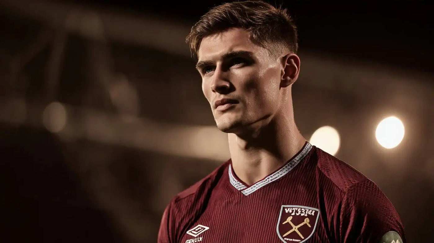 Freddie Potts in a claret West Ham United football shirt, looking to the side with stadium lights blurred behind him.