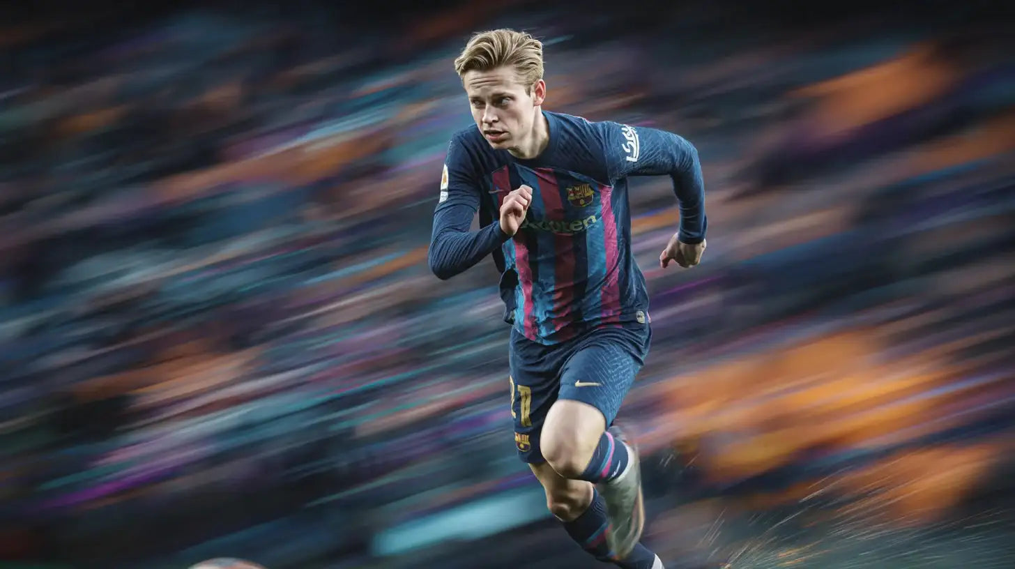 Frenkie de Jong in FC Barcelona home kit scanning the pitch during a night match.