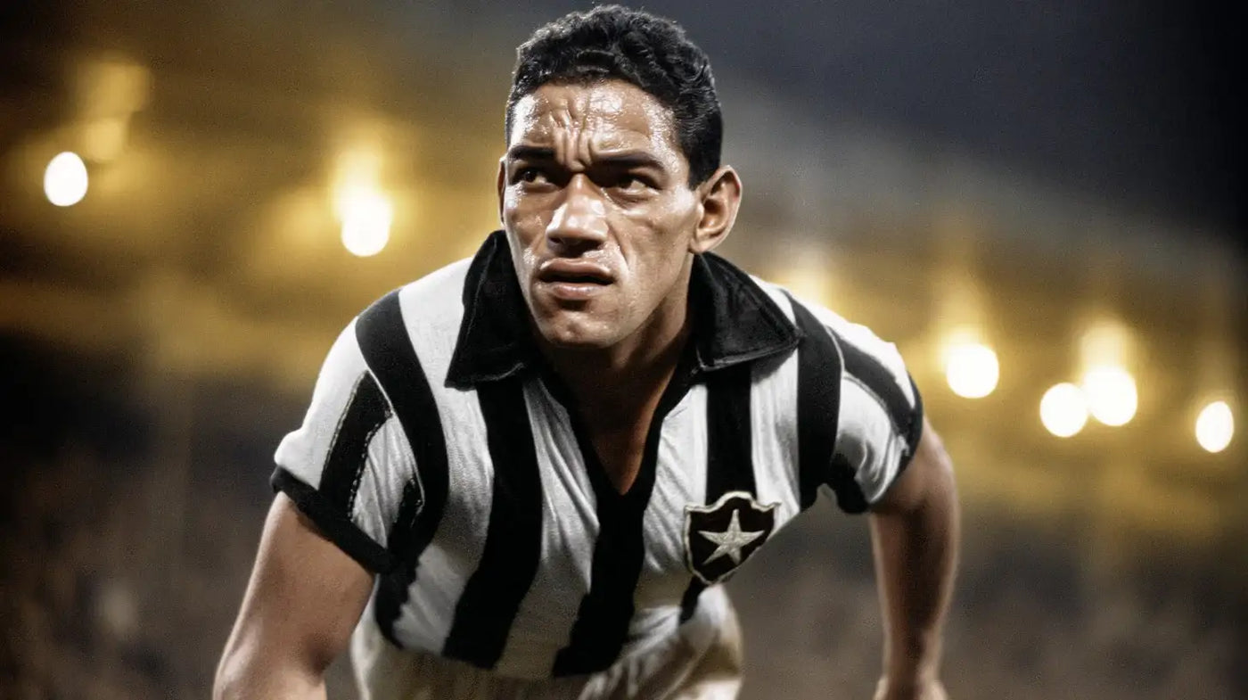 Garrincha in a black and white striped Botafogo football shirt with the star badge, leaning forward under stadium lights.