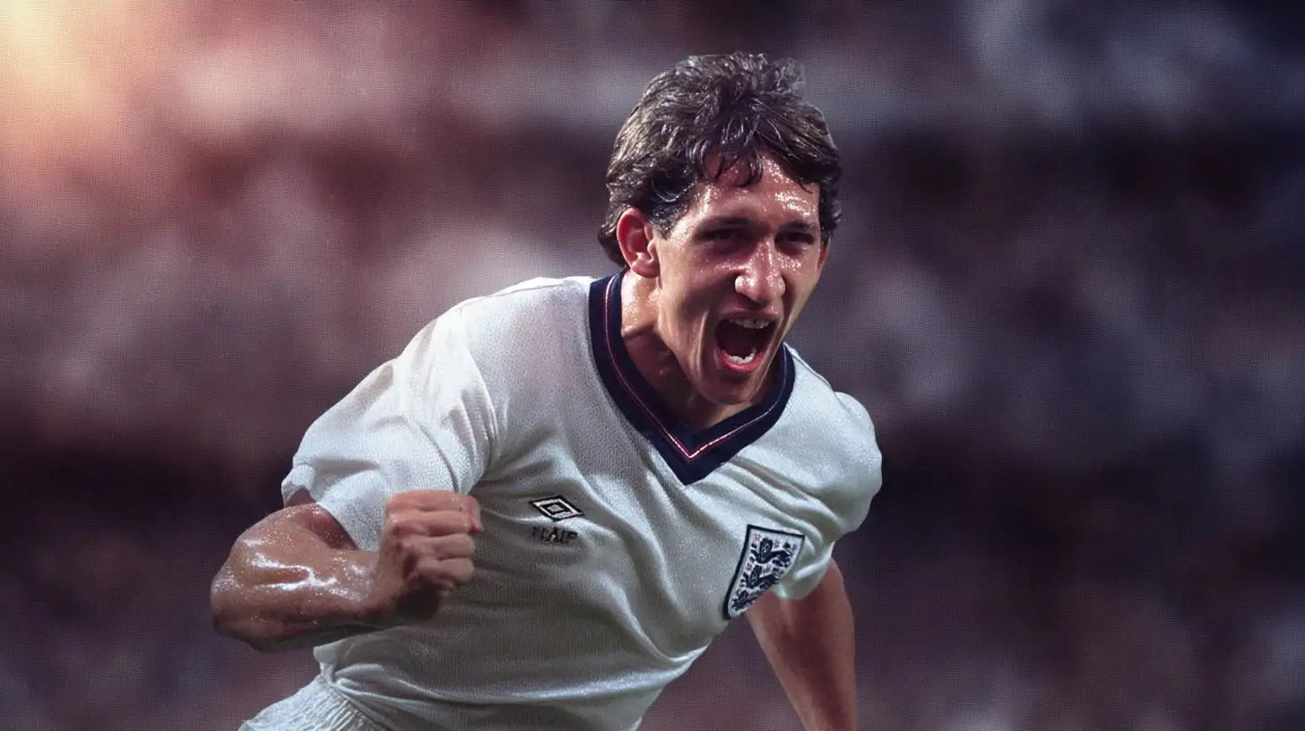 Gary Lineker celebrating with a clenched fist in a white England football shirt with navy and red collar trim, shouting in a packed stadium.