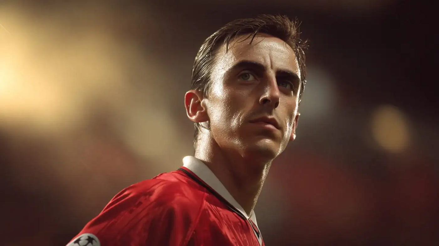 Gary Neville in a red Manchester United home shirt looks up thoughtfully under soft golden floodlights at Old Trafford.