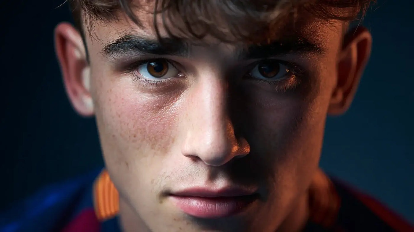 Extreme close-up of Gavi in an FC Barcelona football shirt, determined expression with blaugrana colors visible.