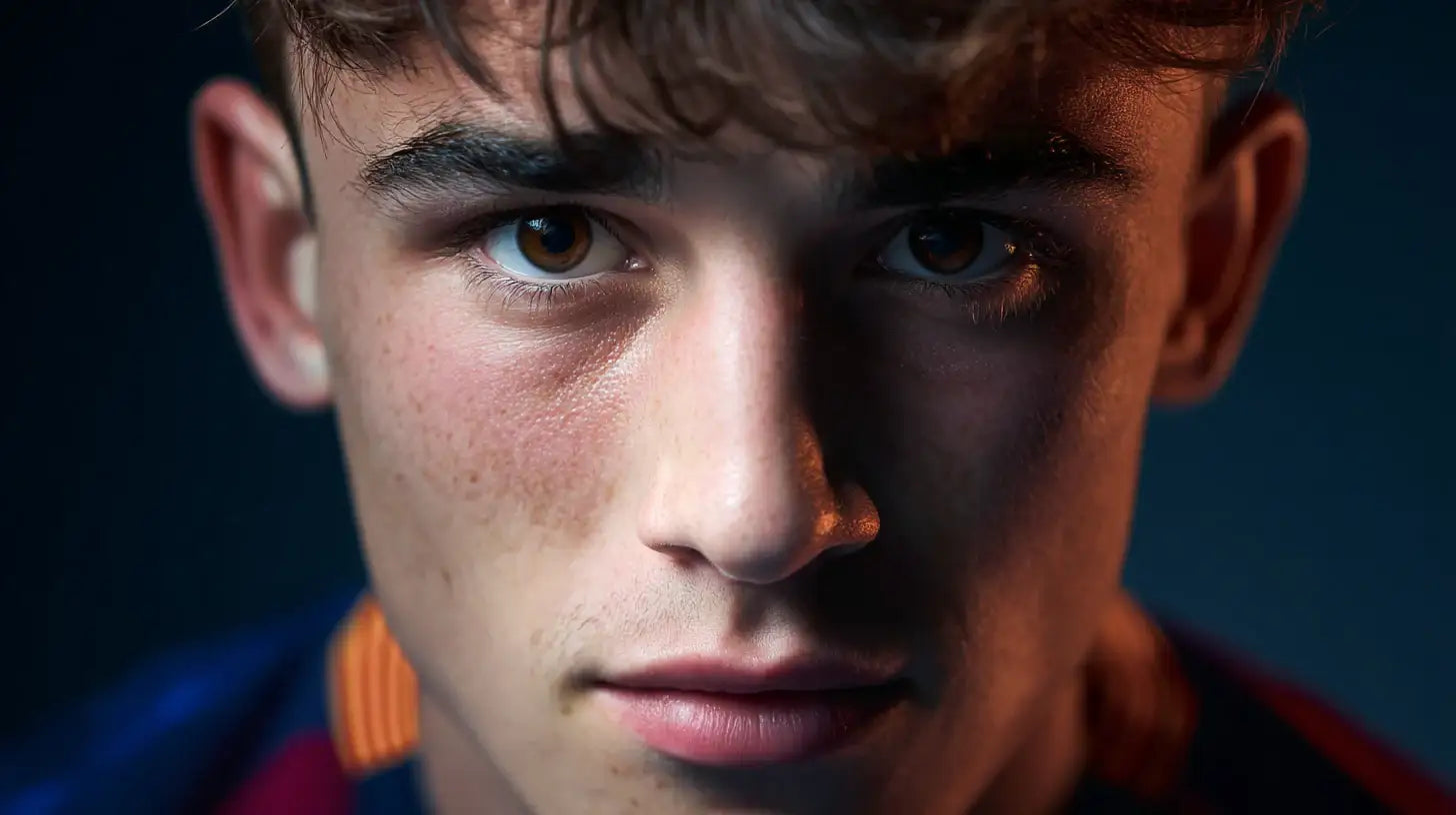Extreme close-up of Gavi in an FC Barcelona football shirt, determined expression with blaugrana colors visible.