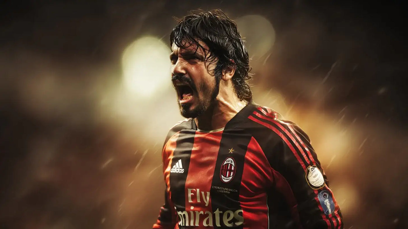 Gennaro Gattuso in an AC Milan red and black striped home shirt shouts passionately in the rain under bright stadium lights.