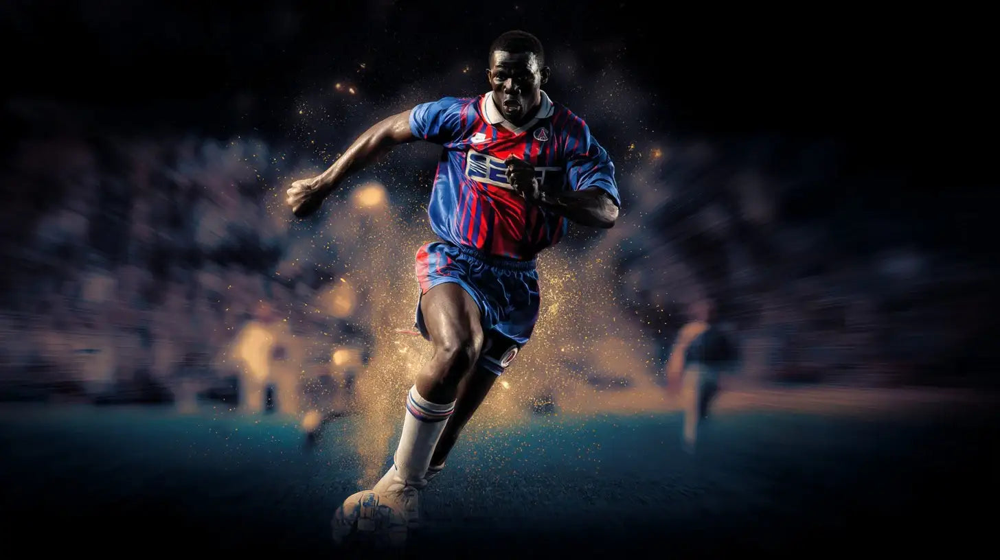 George Weah in a blue and red Paris Saint Germain home shirt sprints with the ball at his feet across a dark pitch with sparks of light behind him.