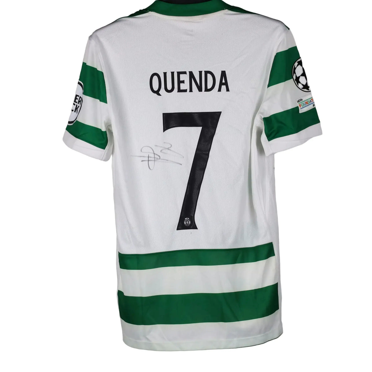 A white Sporting Portugal football jersey with green stripes, featuring the name 'QUENDA' and number '7' on the back, signed in ink, hanging on a black hanger against a neutral gray background.