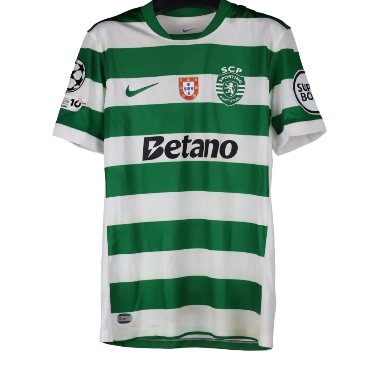 Front of a green and white hooped Sporting CP shirt with the Portugal and Sporting crests and Betano sponsor print, Geovany Quenda Sporting CP shirt.