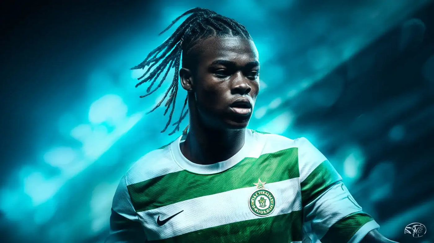 Geovany Quenda in a Sporting CP green-and-white hooped football shirt, confident look under bright stadium lights.